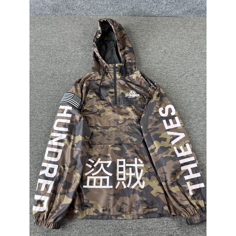 100 Thieves Jacket Mens Small Brown Camo Hooded Anorak Windbreaker 1/4 Zip Logo